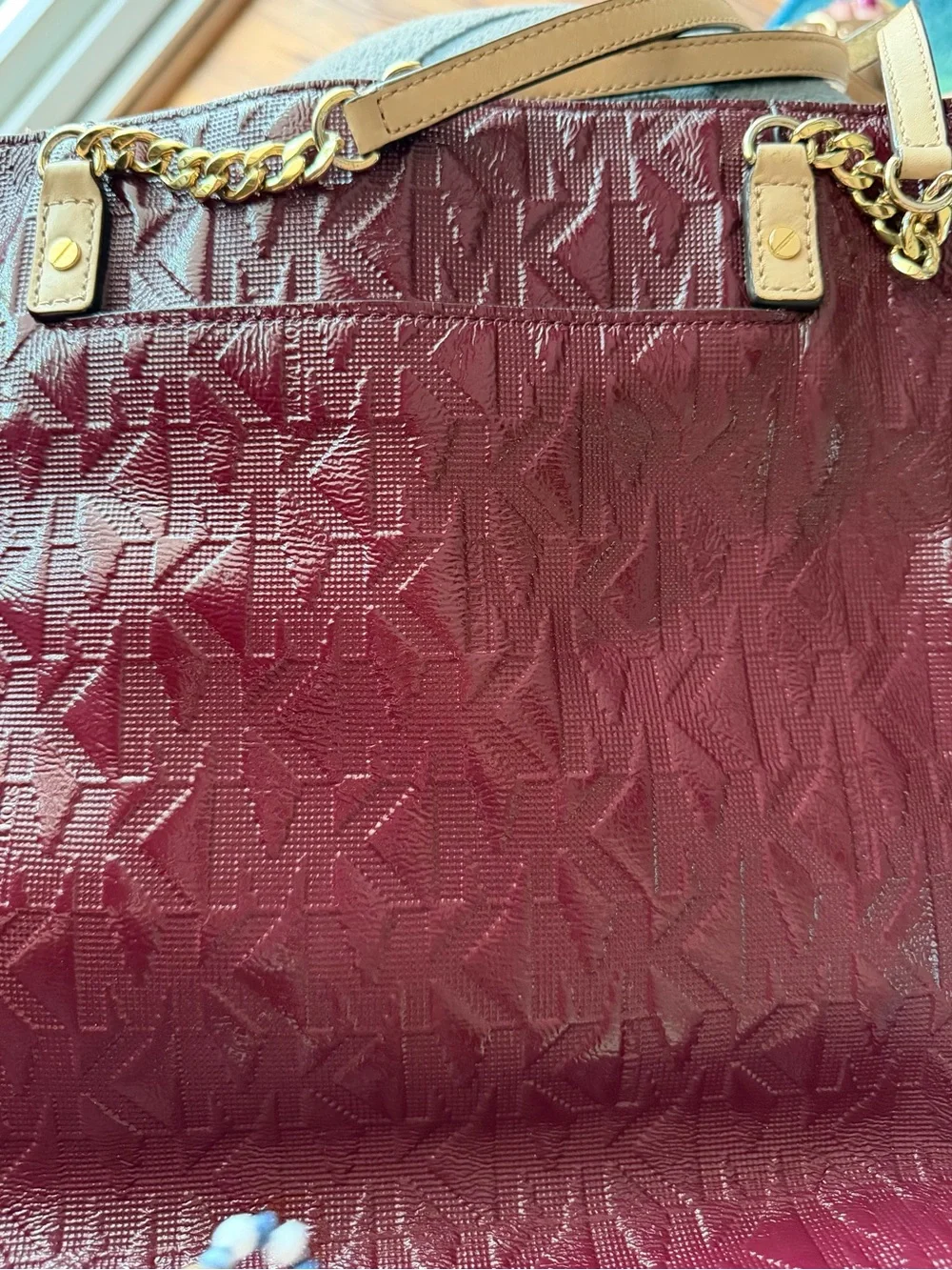 Michael Kors Wine Logo-Embossed Tote with Gold Chain Straps
